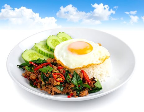 Delicious Thai Basil Pork with Fried Egg and Cucumber Slices Against Sky Backdrop