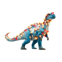 Obraz premium Blue dinosaur toy covered in colorful christmas lights isolated on transparent background