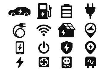 Electric vehicle and energy icons: charging, battery, solar power, connectivity symbols