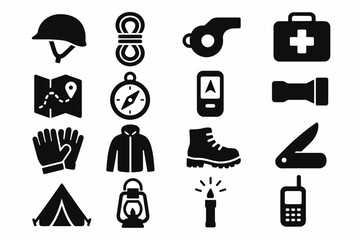 Collection of outdoor adventure icons featuring gear and tools for camping and hiking