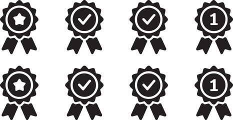 Eight black award rosette icons with star checkmark and number 1 Keywords: award, rosette, ribbon