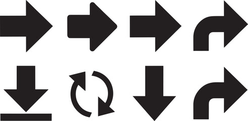 Eight black arrow icons including download and refresh symbols on white direction navigation