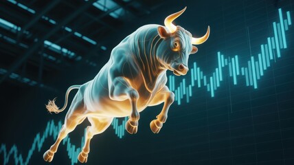 A powerful bull in mid-leap, symbolizing market growth against a vibrant chart background. This image captures the essence of financial success and bullish market trends