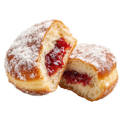 Jelly-filled doughnut cut in half, Jelly-filled doughnut sliced in half, highlighting the bright red jelly and the soft, sugary exterior, isolated on transparent background