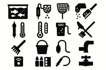 Obraz premium Aquarium equipment icons: fish tank, net, filter, thermometer, bucket, water pump, tap