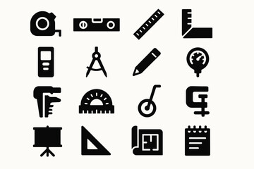 Collection of black silhouette icons of measurement and drafting tools