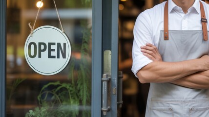 Ready for Business: A business owner in apron and a bright OPEN sign welcoming customers. A symbol of inviting customers.