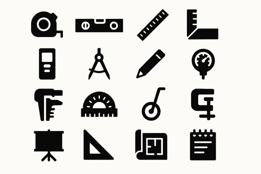 Collection of black silhouette icons of measurement and drafting tools