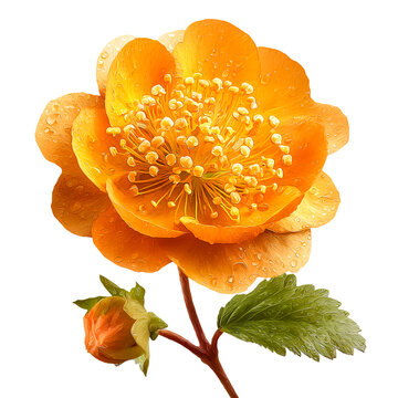 Vibrant orange globe mallow flower with bud and leaf isolated on transparent background