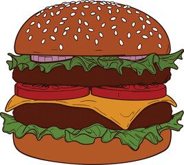 Appetizing double beef patty cheeseburger, detailed vector illustration with sesame seed bun, melted cheddar cheese, lettuce, tomato, and red onion, junk food flat drawing.