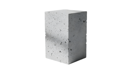 Concrete texture block standing upright with soft shadows, isolated on white background, modern brutalist style.