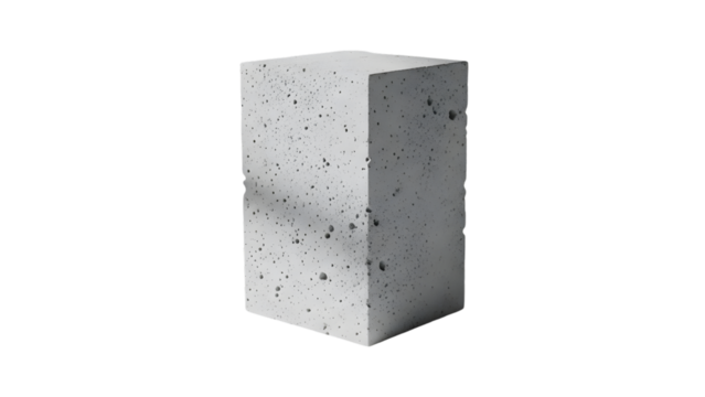 Concrete texture block standing upright with soft shadows, isolated on white background, modern brutalist style.