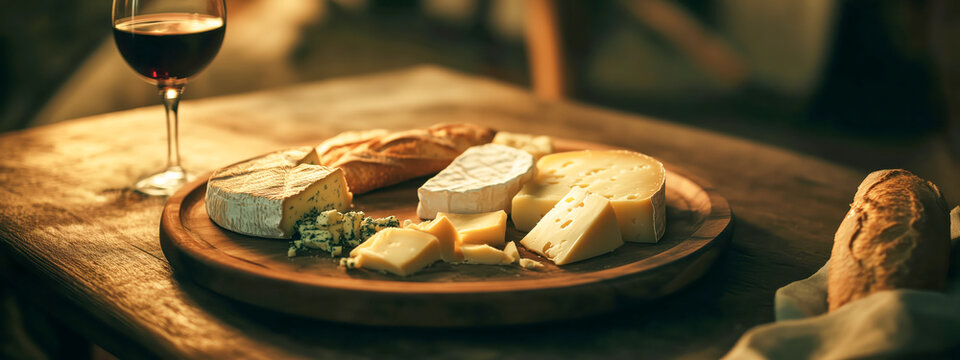 A cozy cheese platter with wine and bread on a rustic wooden table.