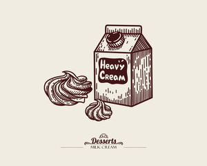 Packaging with heavy cream and whipped cream swirls. Box with the inscription heavy cream, vector linear illustration.