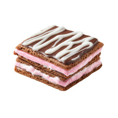 layered cookie with chocolate pink cream, A layered cookie with a chocolate exterior and a creamy pink filling in between, isolated on transparent background