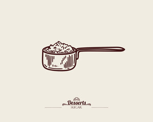Small measuring spoon with granulated sugar. Spoon with crystal sugar, vector line art illustration.