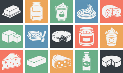 A versatile set of solid icons representing various cheese and dairy products including a cheese wedge slice milk bottle butter block cream jar and yogurt cup suitable for diverse design applications