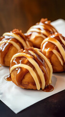 Close-up of caramel-drizzled pastries with creamy topping on a dark background.