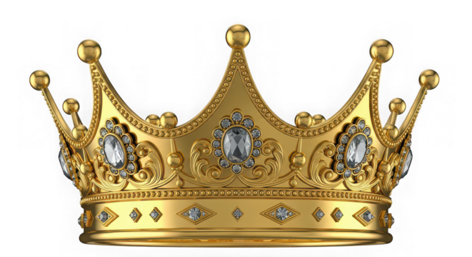 A detailed golden crown with jewels on a  transparent background  - Powered by Adobe