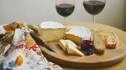Assorted cheeses and wine with berries and bread on a wooden board.