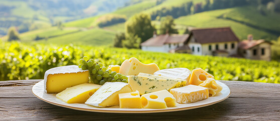 Assorted cheeses with grapes on a wooden platter in a picturesque countryside setting.