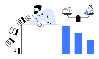 Risk management concept focusing on financial stability and decision-making. Risk as falling blocks, balance scale, and growth chart. Perfect for finance, investments, planning, business