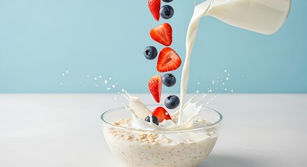 Dynamic high-speed shot of strawberries and blueberries falling into a bowl of cereal and milk, creating a refreshing splash.