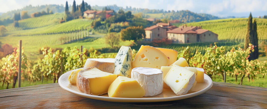 Assorted cheeses on a plate with a scenic vineyard view in the background.