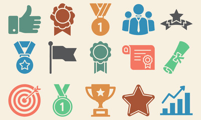Collection of solid filled icons representing team achievements including a trophy medal certificate target star and growth chart presented on a colorful background with variations