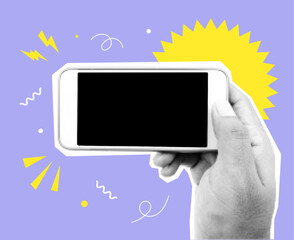 Scrapbooking halftone cutout collage with male hand holding phone. Halftone collage with naive doogle elements and human hand holding smartphone 