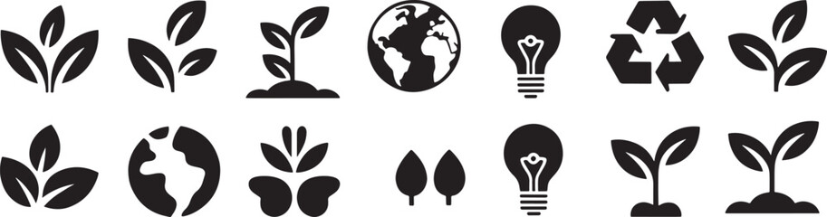 Fototapeta premium Set of environmental icons including plants earth light bulb and recycling symbol Keywords: plant