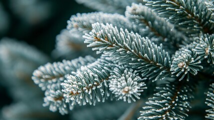 Ultra-detailed macro of frost-covered fir needles with soft morning light and shallow depth of field, evoking a serene winter nature aesthetic.