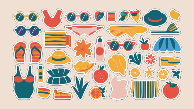 Colorful summer vacation sticker set with beachwear fruits sunglasses and tropical elements in flat cartoon style