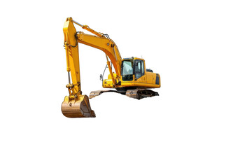 Yellow excavator heavy construction machine isolated on transparent background
