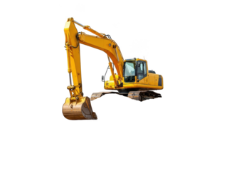 Yellow excavator heavy construction machine isolated on transparent background