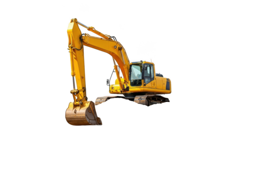 Yellow excavator heavy construction machine isolated on transparent background