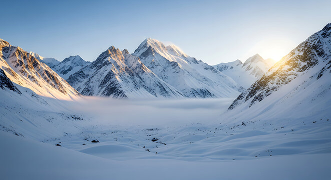 Majestic snow capped mountain range bathed in the warm golden light of a rising sun creating a breathtaking winter landscape