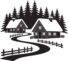 Winter Cabin Retreat Black and White Vector Illustration in the Woods