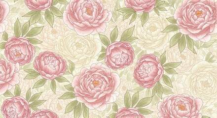 Elegant vintage floral pattern featuring large pink peonies and lush green leaves for decorative