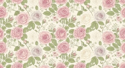 Elegant vintage floral pattern featuring soft pink and white roses with lush green leaves on a