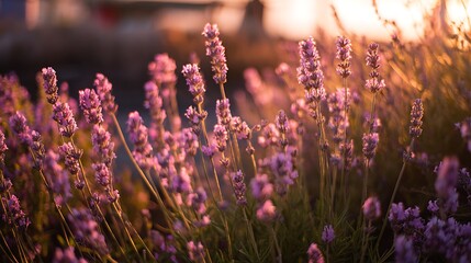 Obraz premium Lavender garden golden hour with pastel lilac soft pink and warm amber sunlight