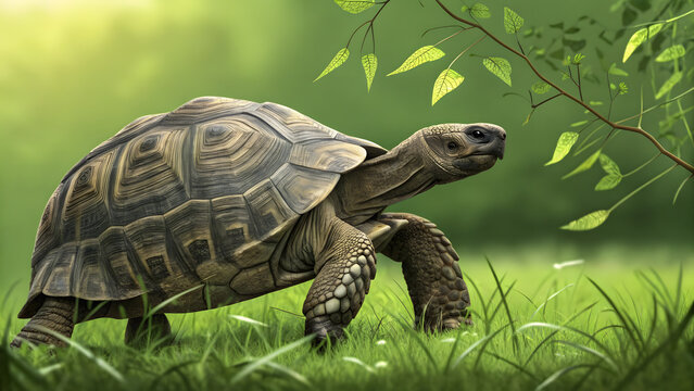 World Turtle Day Large Land Turtle Walking on Green Background