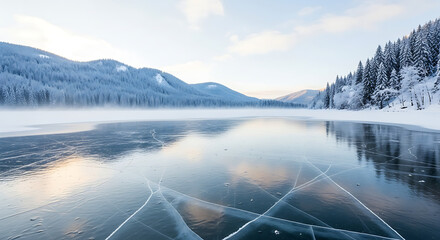 Serene winter landscape featuring a frozen lake with intricate ice patterns reflecting snow covered mountains and a misty forest under a soft cloudy sky