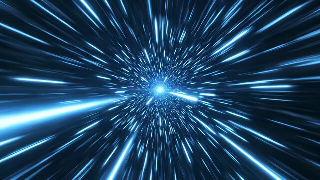 Blue light tunnel with star burst visual composition perfect for science, technology, or futuristic themed projects capturing the concept of limitless possibilities and technological advancement.