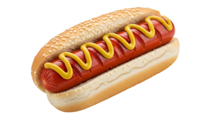 Hot Dog with Mustard on Sesame Seed Bun sausage condiment