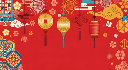 Festive chinese new year background with lanterns and decorations