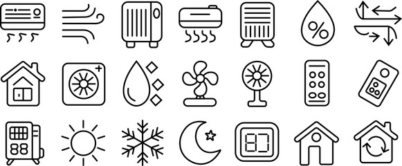 Collection of climate control and weather icons in outline style vector