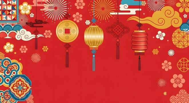 Festive chinese new year background with lanterns and decorations