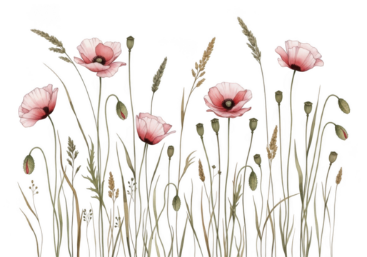 Watercolor illustration of pink poppies and wild grass, isolated on transparent background - Powered by Adobe