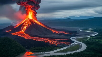 Volcanic eruption spewing molten lava and dark ash plume into sky above a lush green river valley - Powered by Adobe